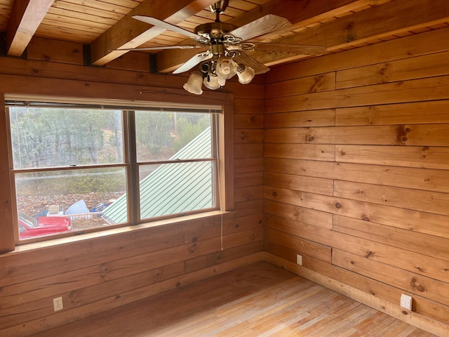 spare room with beamed ceiling, light wood-type flooring, wooden ceiling, and wooden walls