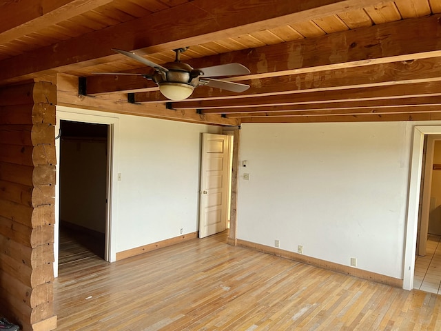 unfurnished room with ceiling fan, wooden ceiling, beam ceiling, and light wood-type flooring