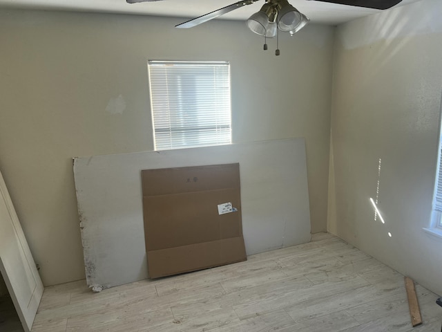 foyer entrance featuring ceiling fan and light wood-type flooring