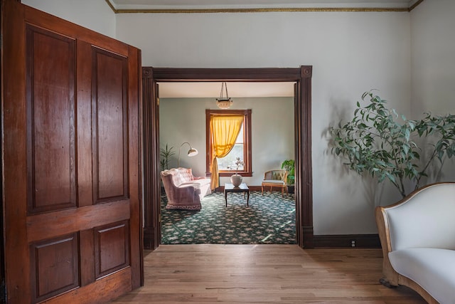 foyer entrance featuring light wood-type flooring and crown molding