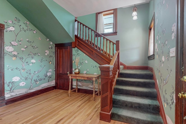 staircase with hardwood / wood-style flooring