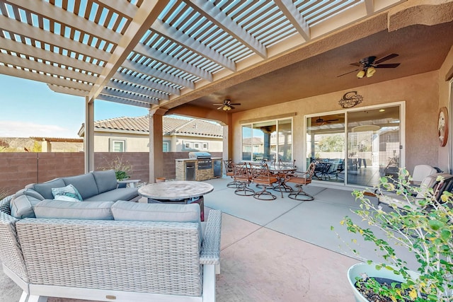 view of patio / terrace featuring a pergola, ceiling fan, and outdoor lounge area