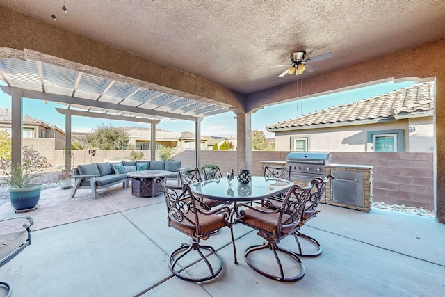 view of patio / terrace with area for grilling, a pergola, an outdoor living space with a fire pit, and ceiling fan