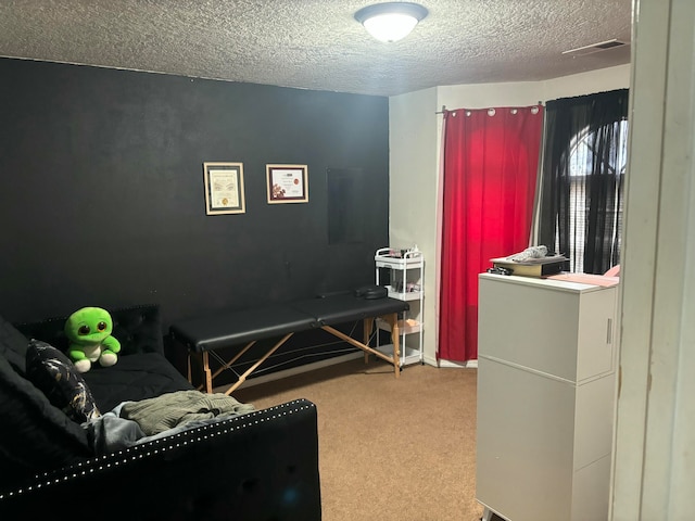 carpeted bedroom with a textured ceiling