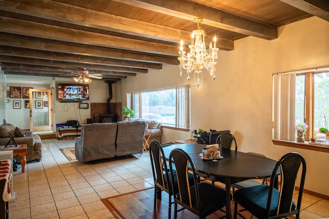 tiled dining space with wooden ceiling, beamed ceiling, a healthy amount of sunlight, and a wood stove