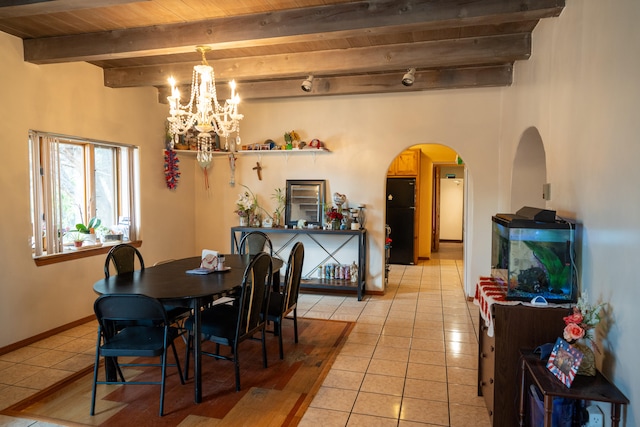 dining space with wood ceiling, a notable chandelier, light tile patterned flooring, and beam ceiling