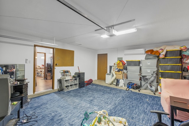 interior space with a wall mounted AC and carpet floors