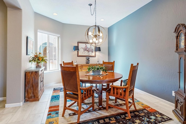 tiled dining area with an inviting chandelier