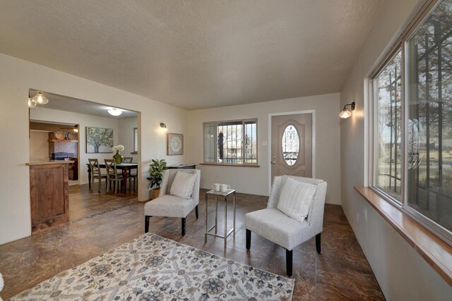 living area featuring a textured ceiling