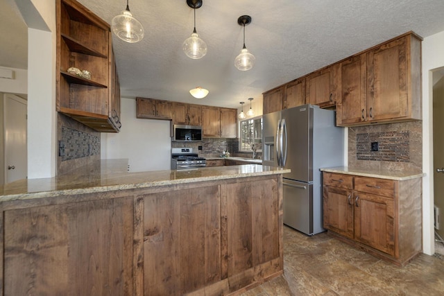 kitchen featuring pendant lighting, light stone countertops, tasteful backsplash, kitchen peninsula, and stainless steel appliances