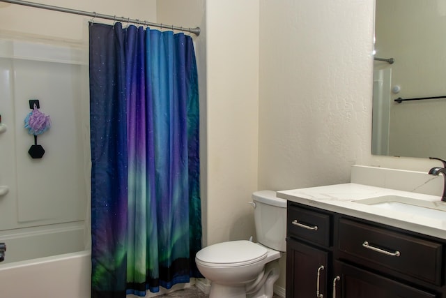 full bathroom featuring vanity, shower / bath combination with curtain, and toilet