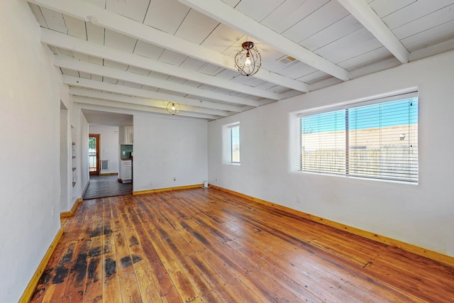 unfurnished room with dark hardwood / wood-style flooring, beamed ceiling, and wooden ceiling