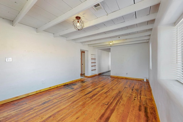 spare room featuring beamed ceiling and wood-type flooring