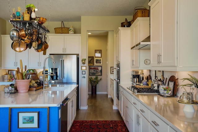 kitchen featuring backsplash, white cabinetry, a textured ceiling, ventilation hood, and stainless steel appliances