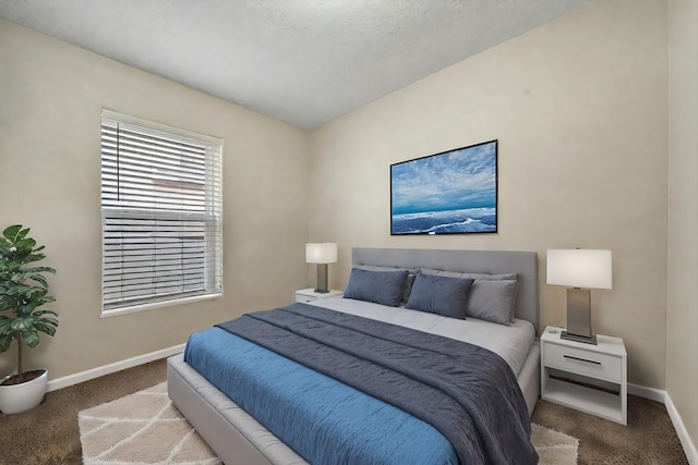 carpeted bedroom with a textured ceiling