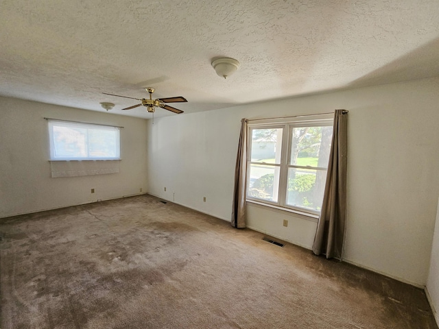 unfurnished room with a textured ceiling, plenty of natural light, and light carpet