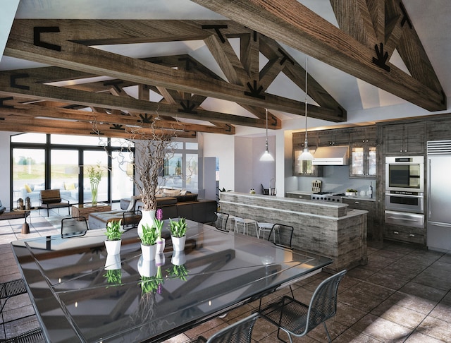 dining area with beam ceiling and high vaulted ceiling