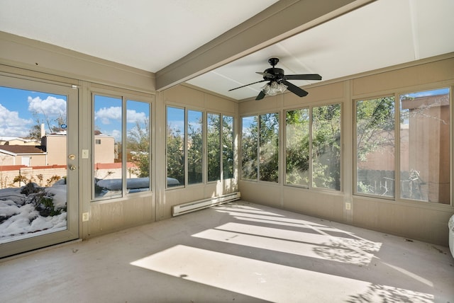 unfurnished sunroom with ceiling fan, a wealth of natural light, baseboard heating, and beamed ceiling