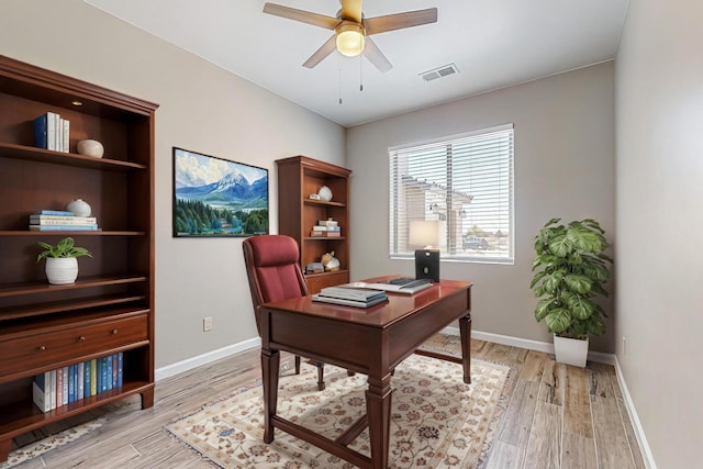 office space featuring ceiling fan and light hardwood / wood-style floors