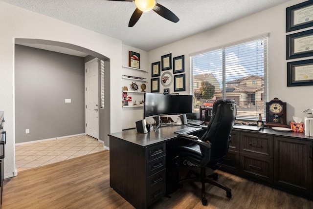 office area featuring hardwood / wood-style floors, a textured ceiling, and ceiling fan