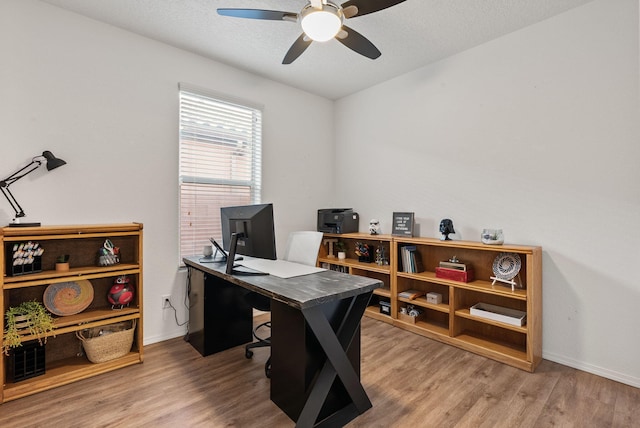 office space with hardwood / wood-style floors, ceiling fan, and a textured ceiling