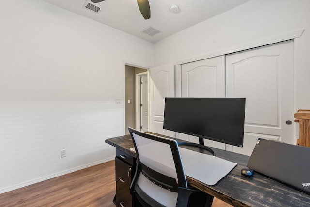 home office featuring ceiling fan and dark hardwood / wood-style floors