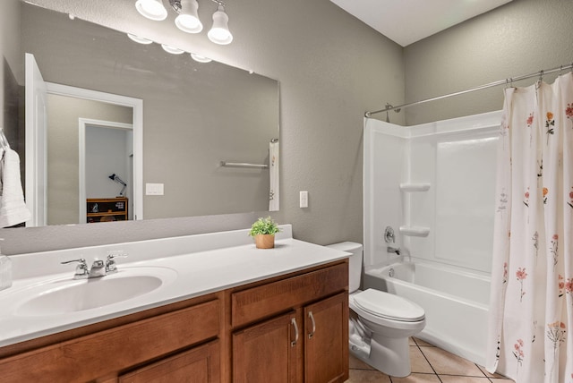 full bathroom with toilet, vanity, shower / bath combination with curtain, and tile patterned floors