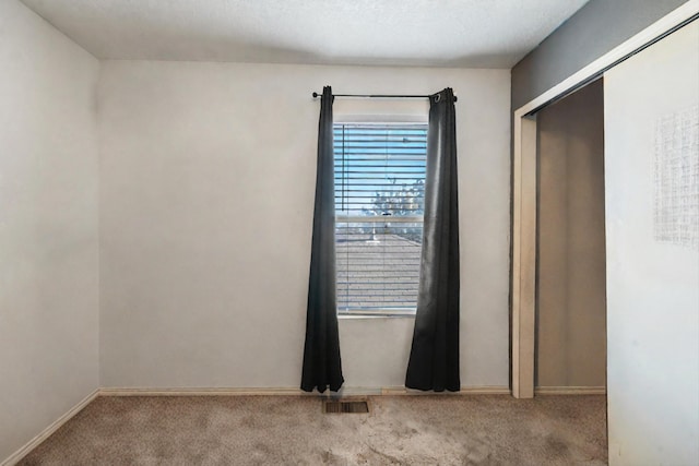 interior space with light colored carpet, a textured ceiling, and a closet