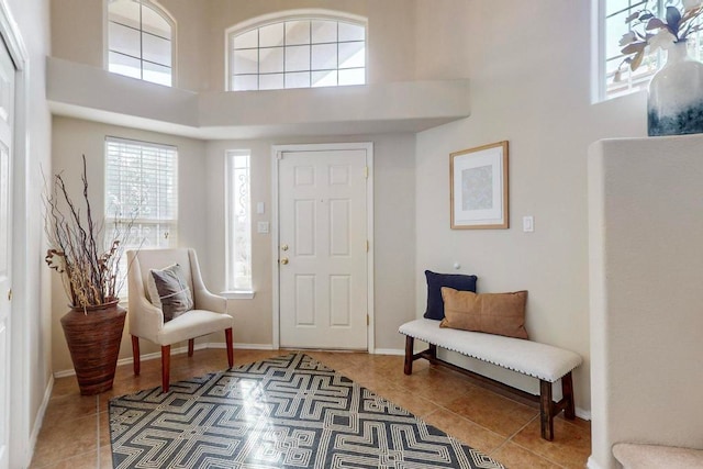 tiled foyer entrance featuring a towering ceiling