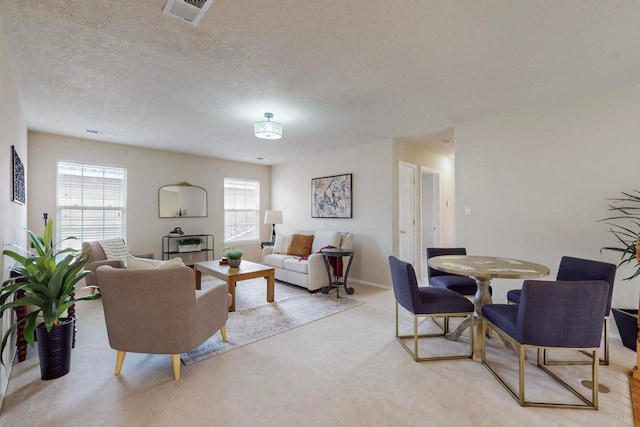 carpeted living room with a textured ceiling