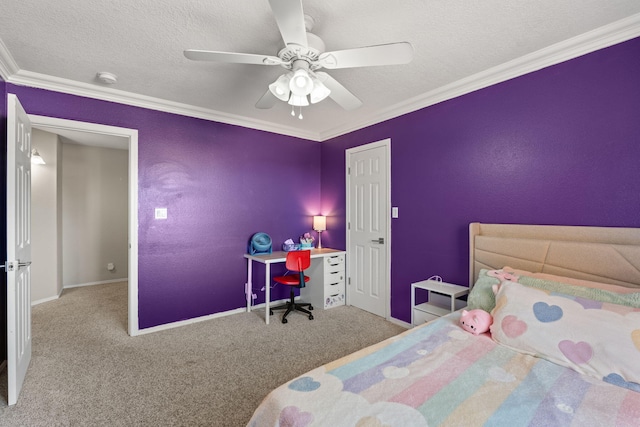 bedroom with crown molding, ceiling fan, carpet, and a textured ceiling