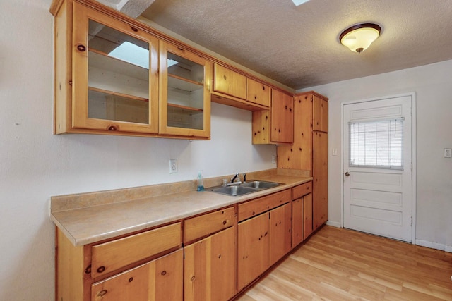 kitchen with light hardwood / wood-style floors, a textured ceiling, and sink