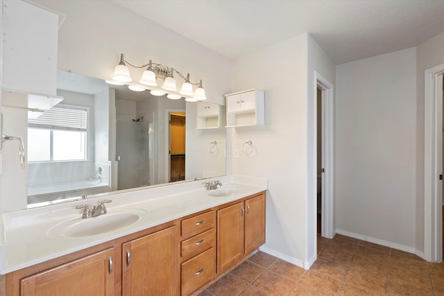 bathroom with tile patterned floors, vanity, and plus walk in shower