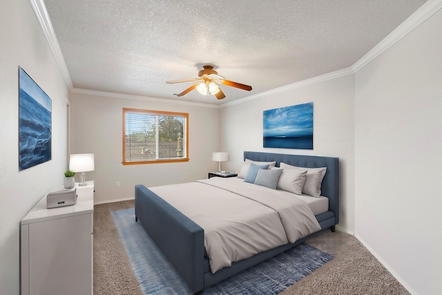 bedroom with dark colored carpet, a textured ceiling, ceiling fan, and crown molding