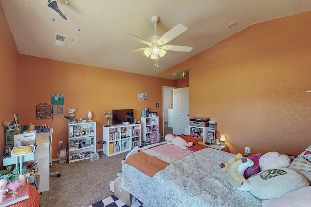 carpeted bedroom featuring lofted ceiling