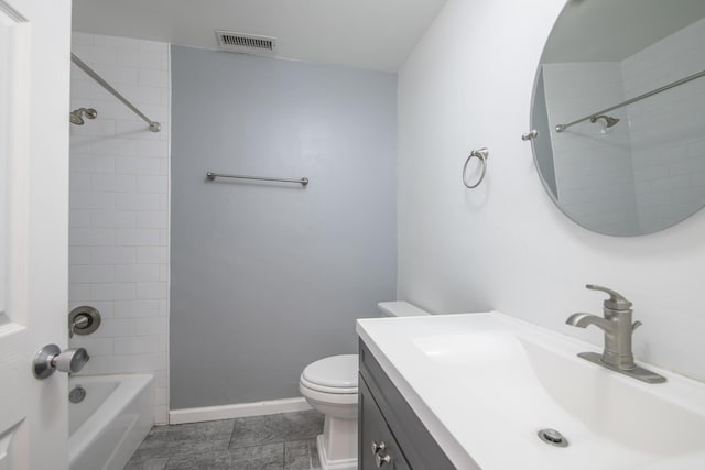 full bathroom with visible vents, toilet, vanity, shower / tub combination, and baseboards