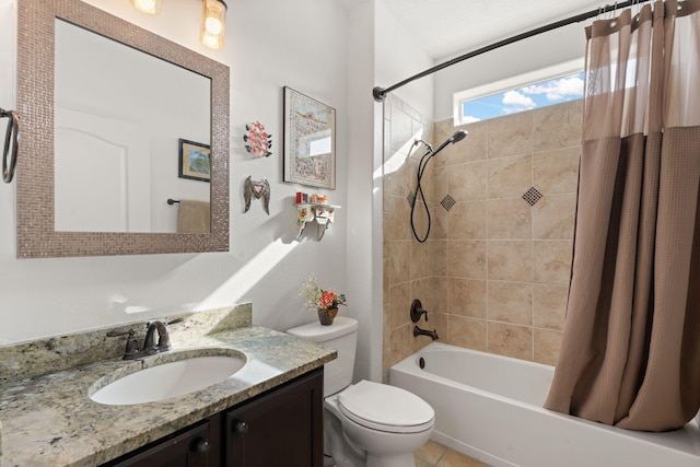 full bathroom featuring vanity, shower / bath combination with curtain, and toilet