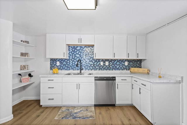 kitchen with dishwasher, backsplash, white cabinets, sink, and light wood-type flooring