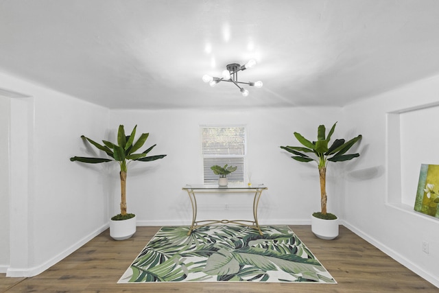 interior space featuring a chandelier and wood-type flooring