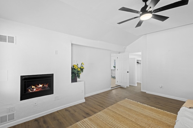 unfurnished living room featuring ceiling fan, wood-type flooring, and lofted ceiling