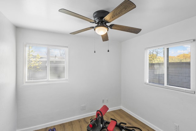 exercise area featuring hardwood / wood-style floors, plenty of natural light, and ceiling fan