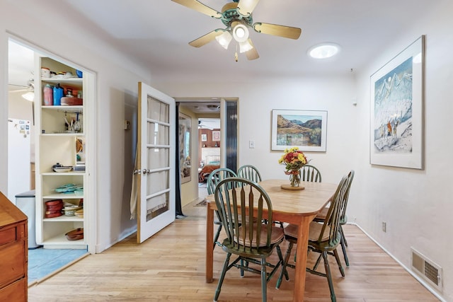 dining area with ceiling fan and light wood-type flooring