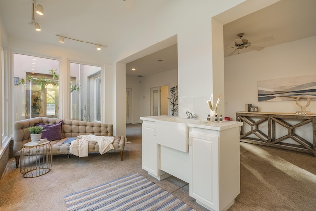 interior space with rail lighting, sink, and ceiling fan