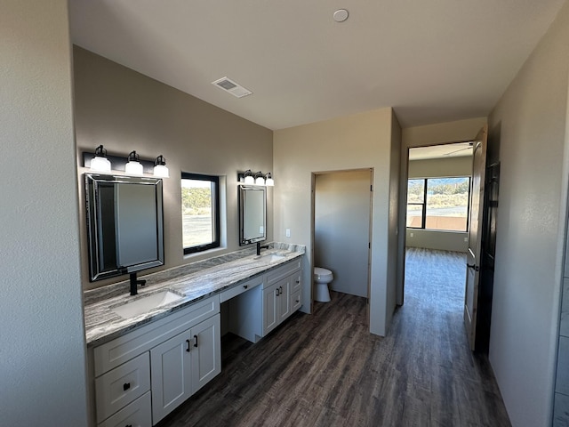 bathroom featuring vanity, hardwood / wood-style floors, and toilet