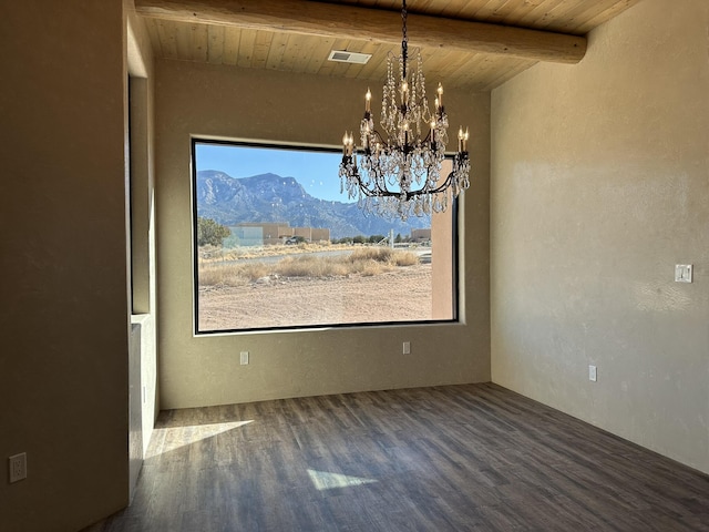 unfurnished dining area featuring a mountain view, plenty of natural light, and wood ceiling