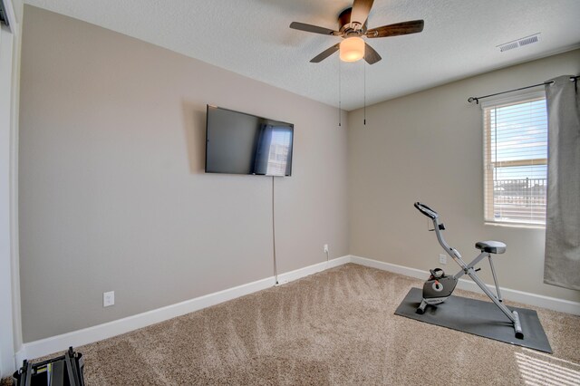 workout room with ceiling fan, carpet, and a textured ceiling