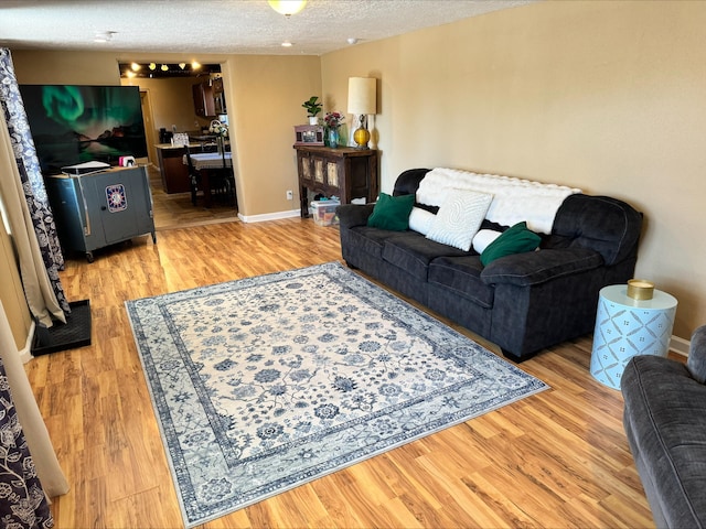 living area with baseboards, a textured ceiling, and light wood finished floors