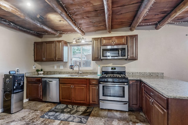 kitchen with wooden ceiling, beam ceiling, appliances with stainless steel finishes, and a sink