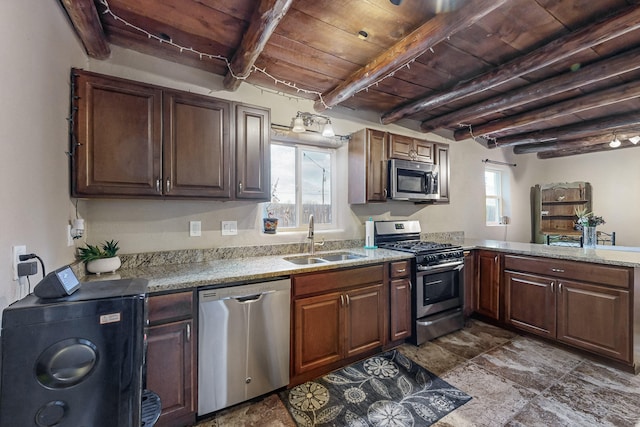 kitchen with stainless steel appliances, beamed ceiling, a sink, and wood ceiling