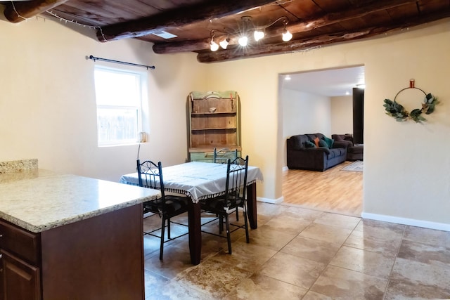 dining space featuring wood ceiling, baseboards, and beam ceiling